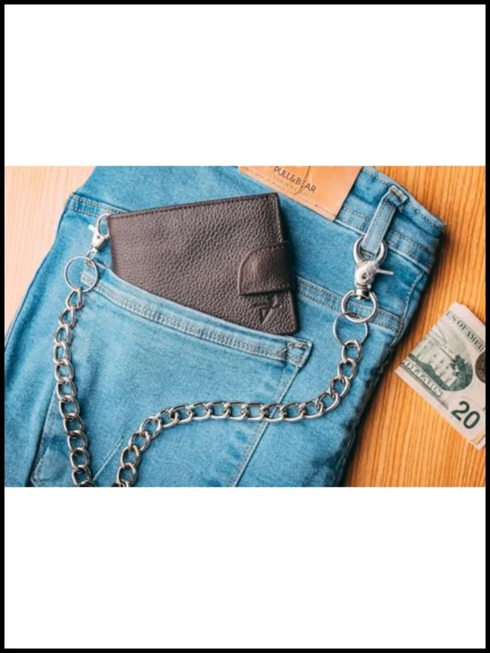 Men's Genuine Leather Bifold Wallet RFID Blocking with Stainless Chain and ID